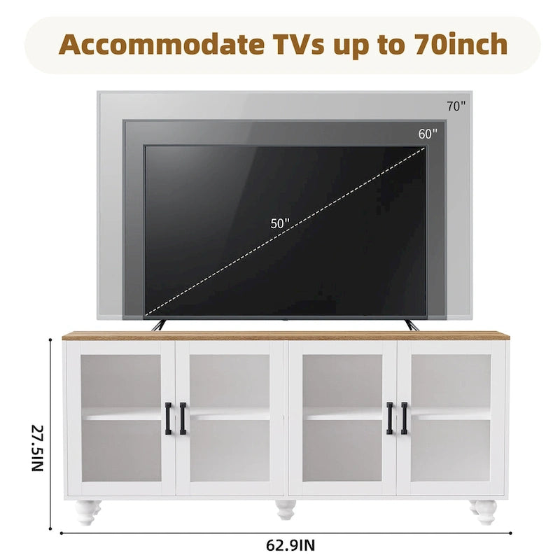 TV-taso enintään 70 tuuman televisioille, monikäyttöinen senkki, säädettävät hyllyt, karkaistut lasiovet, buffet-kaappi 5 kurpitsanmuotoisella jalalla