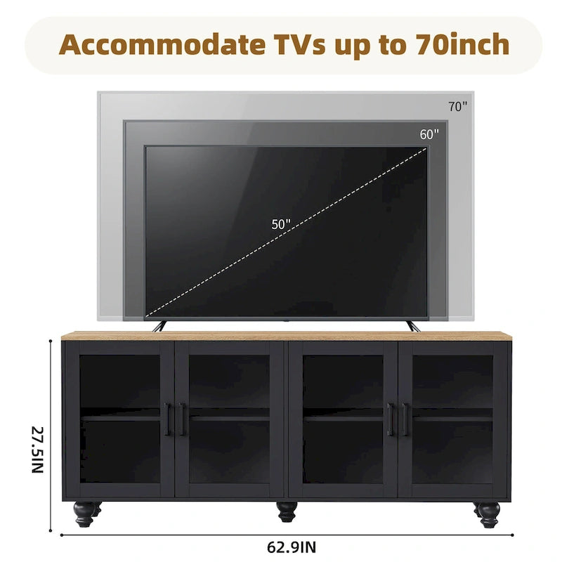 TV-taso enintään 70 tuuman televisioille, monikäyttöinen senkki, säädettävät hyllyt, karkaistut lasiovet, buffet-kaappi 5 kurpitsanmuotoisella jalalla
