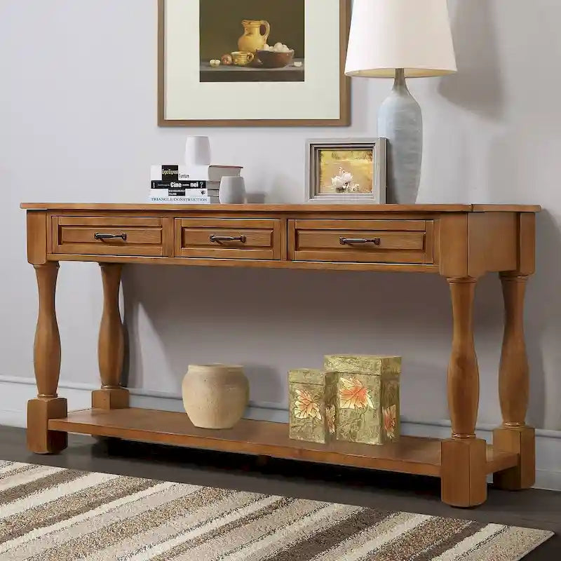 63-Inch-Konsolentisch aus massivem Holz mit 3 Schubladen und 1 unterem Regalboden