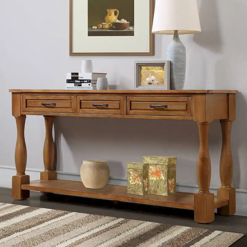 63-Inch-Konsolentisch aus massivem Holz mit 3 Schubladen und 1 unterem Regalboden
