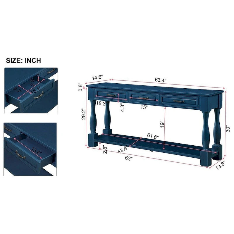 63-Inch-Konsolentisch aus massivem Holz mit 3 Schubladen und 1 unterem Regalboden