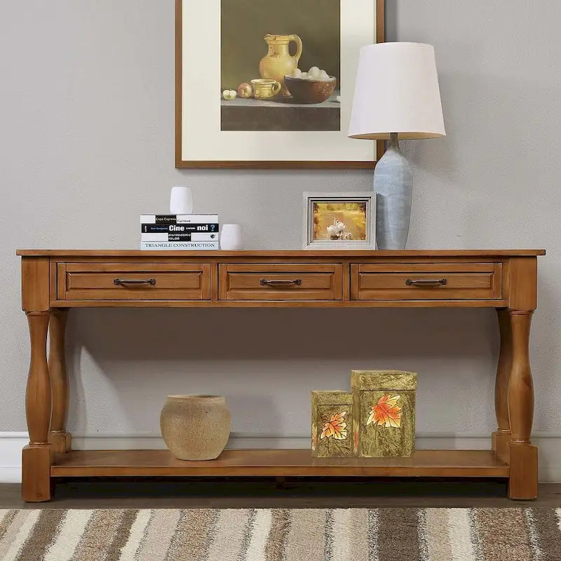 63-Inch-Konsolentisch aus massivem Holz mit 3 Schubladen und 1 unterem Regalboden