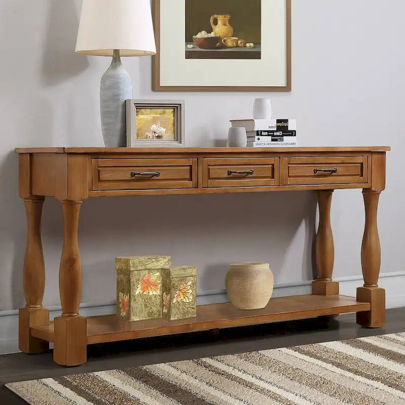 63-Inch-Konsolentisch aus massivem Holz mit 3 Schubladen und 1 unterem Regalboden
