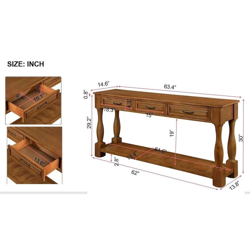 63-Inch-Konsolentisch aus massivem Holz mit 3 Schubladen und 1 unterem Regalboden