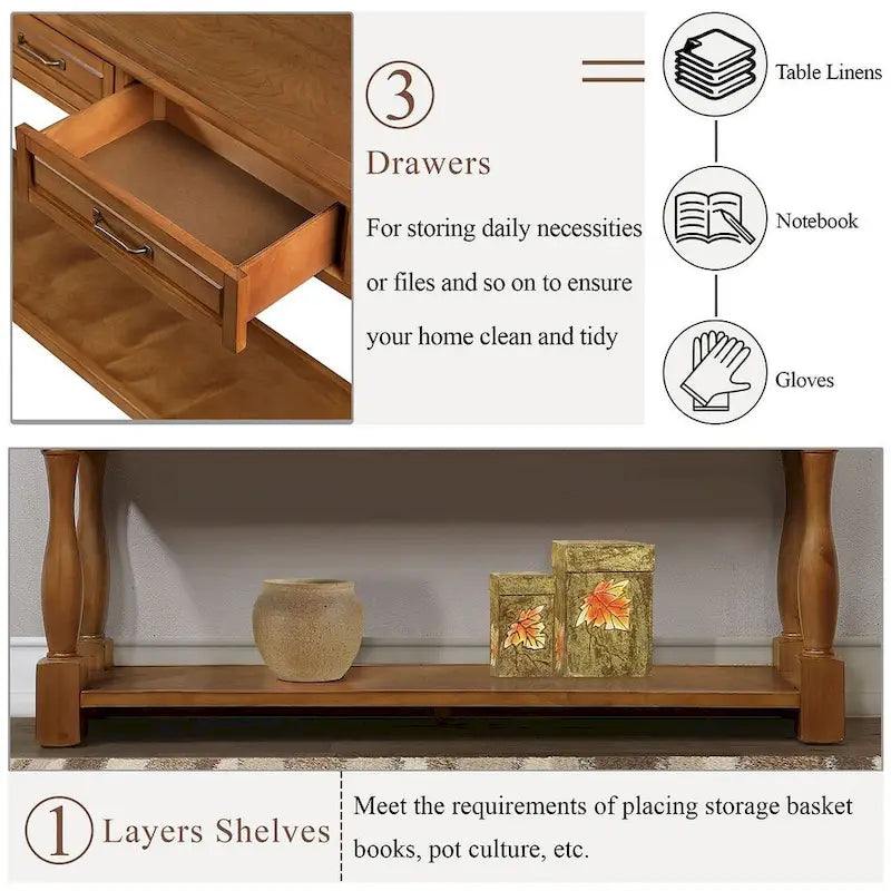 63-Inch-Konsolentisch aus massivem Holz mit 3 Schubladen und 1 unterem Regalboden