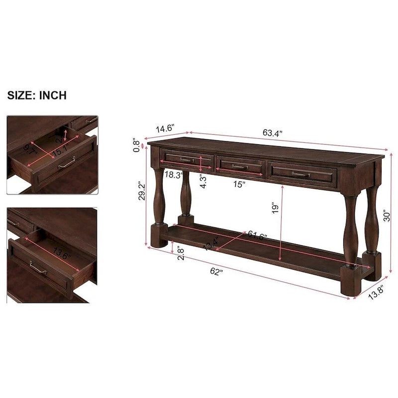 63-Inch-Konsolentisch aus massivem Holz mit 3 Schubladen und 1 unterem Regalboden