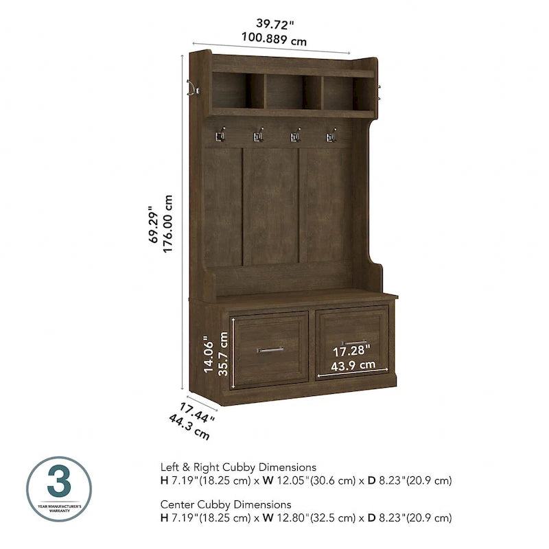 Woodland 40W Hall Tree and Shoe Bench with Doors by Bush Furniture