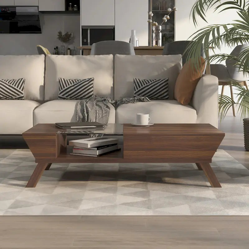 Kress Mid-Century-Walnusstisch, 47 Zoll, mit Glaseinsatz und 1 Ablage, von Furniture of America