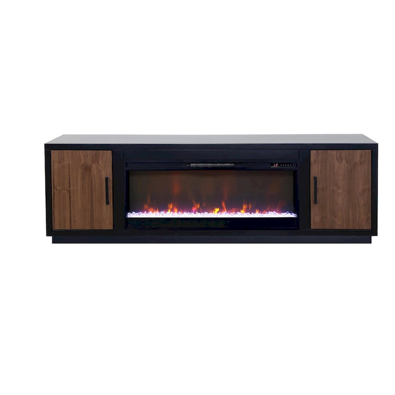 Bridgevine Home „Aria“ 83-Zoll-Kamin-TV-Ständer für Fernseher bis 95 Zoll, mit minimalem Montageaufwand, in Schwarz und Walnussholzoptik
