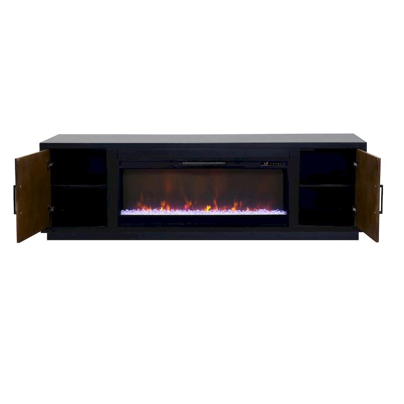 Bridgevine Home „Aria“ 83-Zoll-Kamin-TV-Ständer für Fernseher bis 95 Zoll, mit minimalem Montageaufwand, in Schwarz und Walnussholzoptik