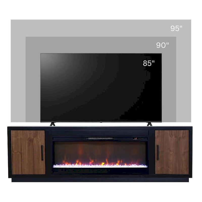Bridgevine Home „Aria“ 83-Zoll-Kamin-TV-Ständer für Fernseher bis 95 Zoll, mit minimalem Montageaufwand, in Schwarz und Walnussholzoptik