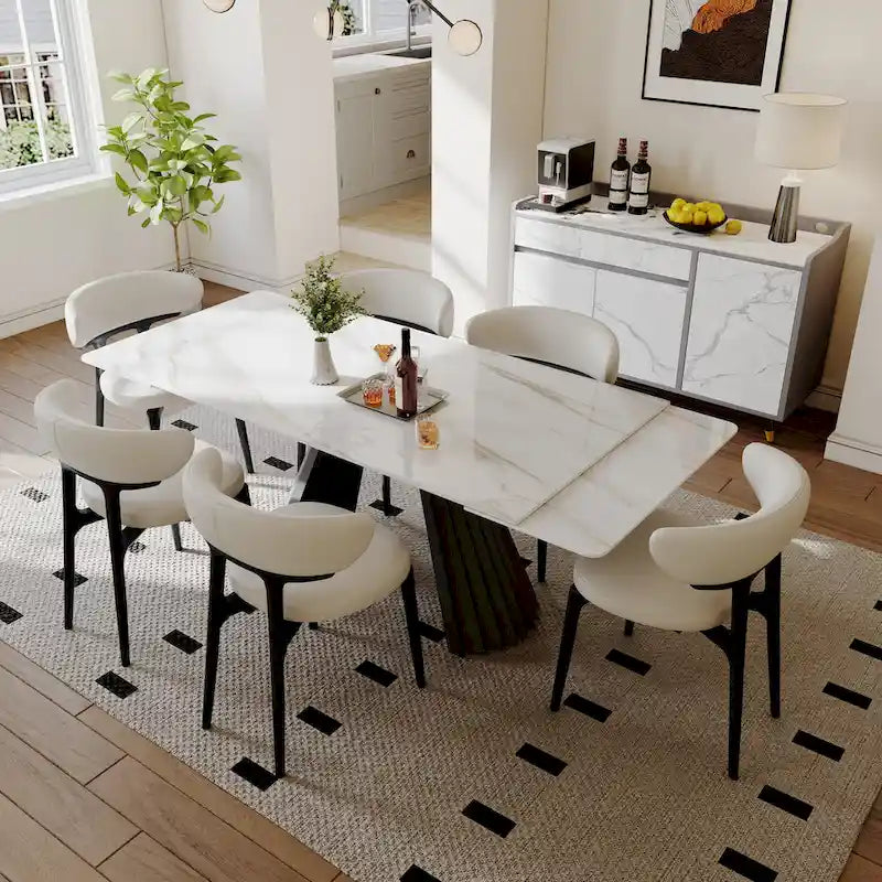 63-95 Extendable Modern Dining Table for 6-10, White Glossy Sintered Stone Tabletop