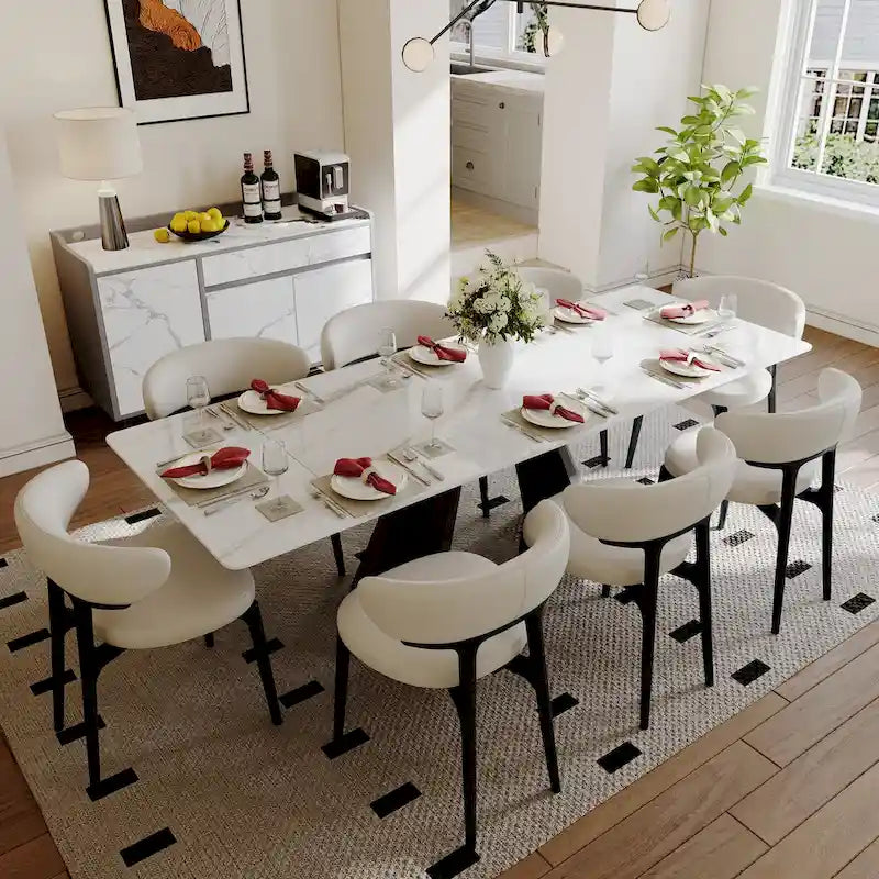 63-95 Extendable Modern Dining Table for 6-10, White Glossy Sintered Stone Tabletop