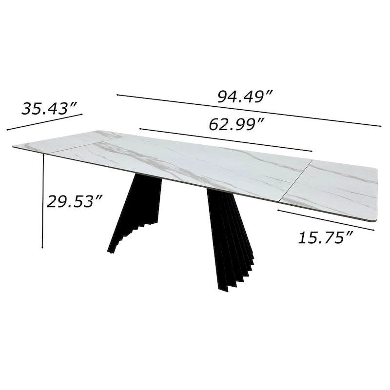 63-95 Extendable Modern Dining Table for 6-10, White Glossy Sintered Stone Tabletop