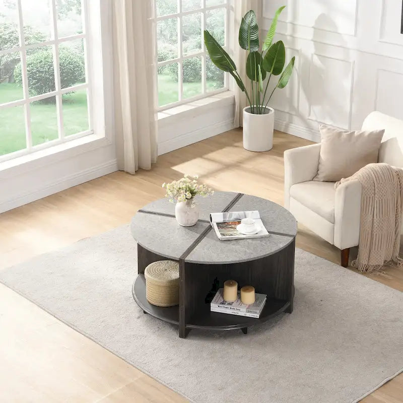 GDFStudio - Table basse ronde industrielle Mason de 4 pièces avec rangement à 2 niveaux