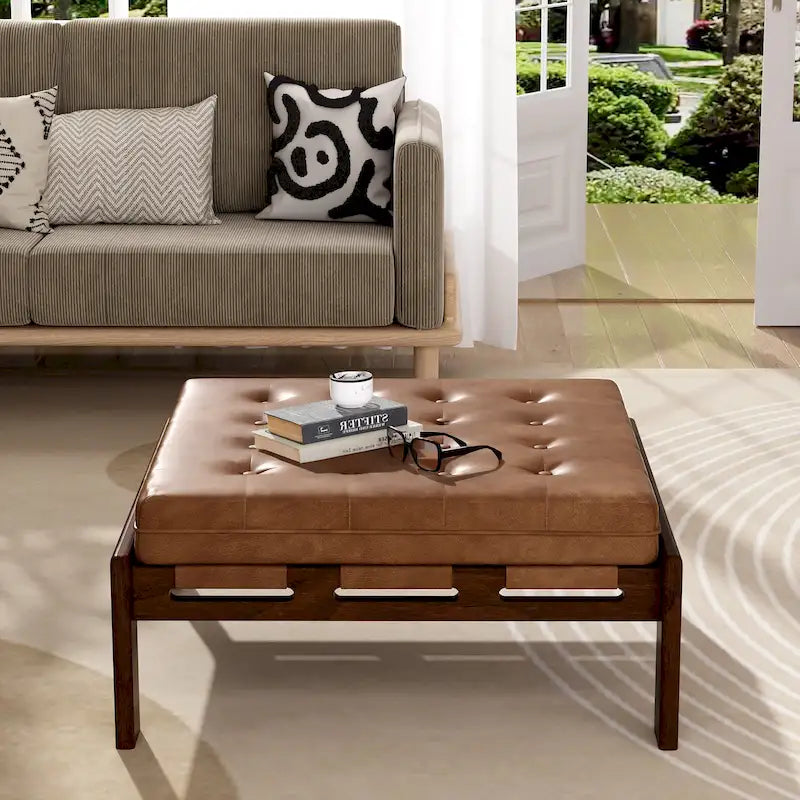 Christopher Knight Home - Otomana tipo cóctel tapizada con capitoné de 34, mesa de centro otomana cuadrada de cuero con estructura de madera de caucho