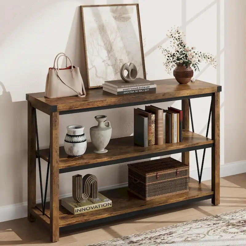 Table d’entrée de style maison de campagne, longue console étroite de 47 pouces avec rangement