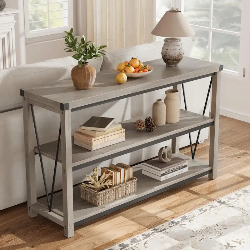 Table d’entrée de style maison de campagne, longue console étroite de 47 pouces avec rangement