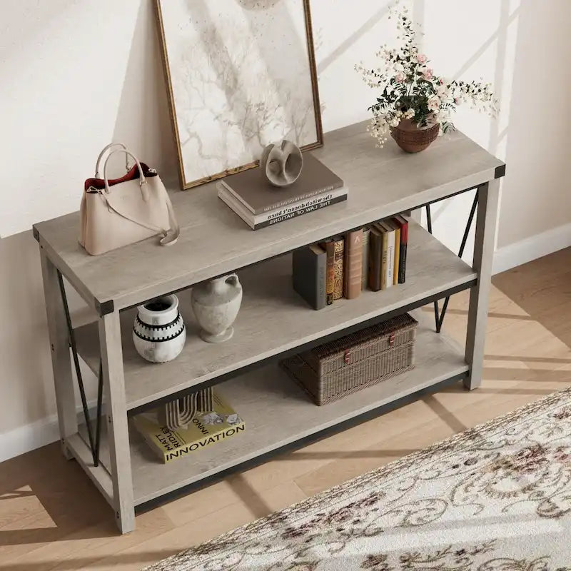 Table d’entrée de style maison de campagne, longue console étroite de 47 pouces avec rangement