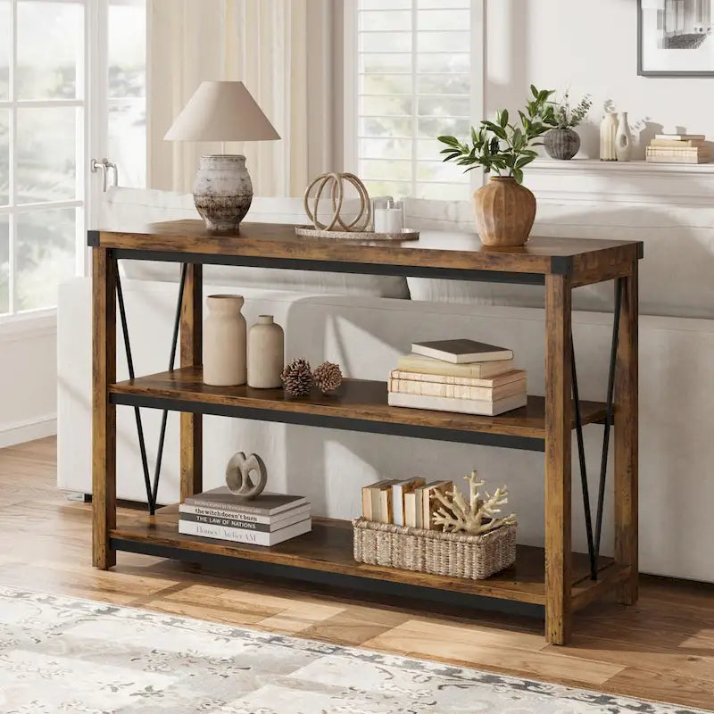 Table d’entrée de style maison de campagne, longue console étroite de 47 pouces avec rangement