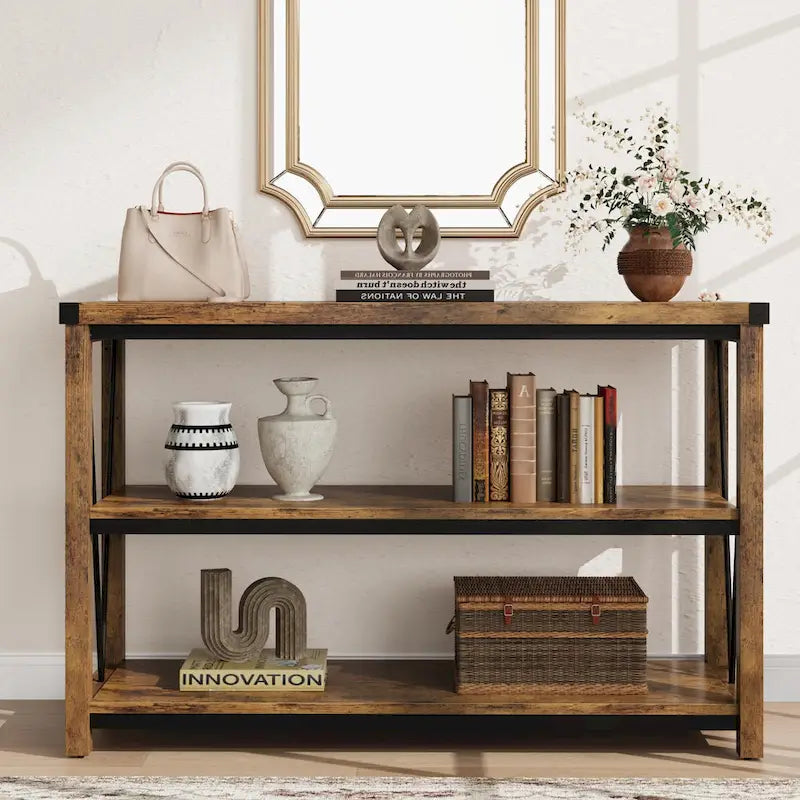 Table d’entrée de style maison de campagne, longue console étroite de 47 pouces avec rangement