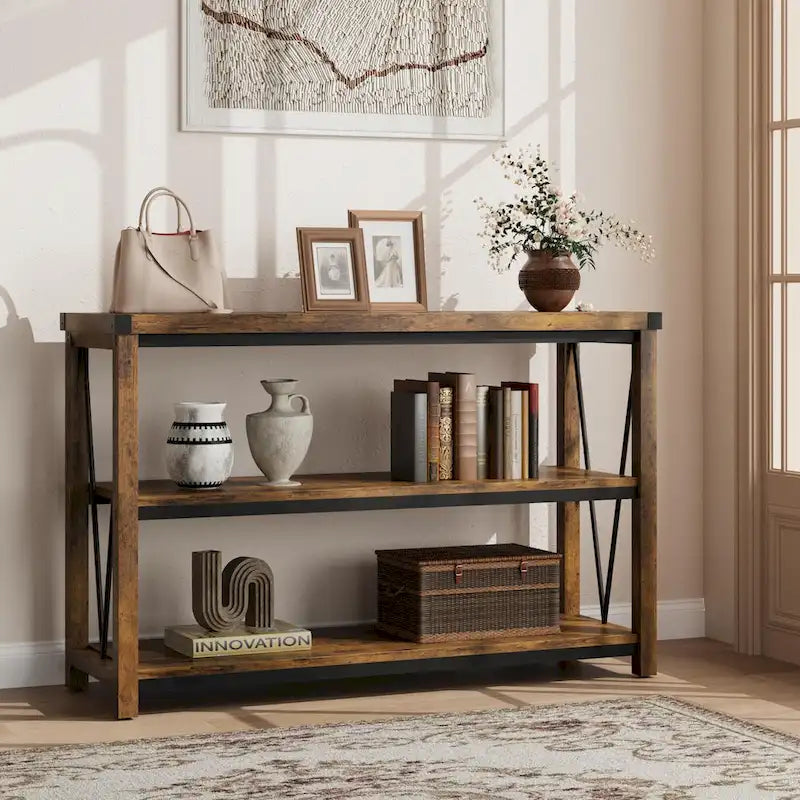 Table d’entrée de style maison de campagne, longue console étroite de 47 pouces avec rangement