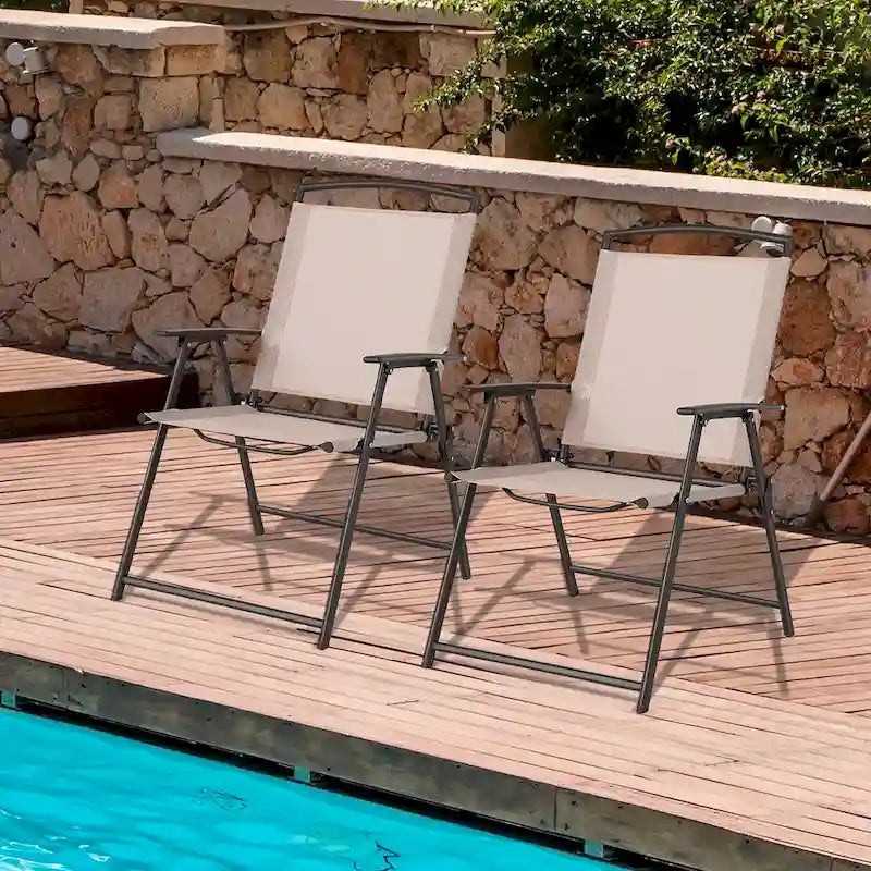 Costway 2-delige inklapbare sling-eetkamerstoelen voor buiten met armleuningen en stalen frame - Bekijk details