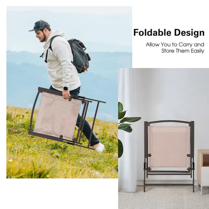 Costway 2-delige inklapbare sling-eetkamerstoelen voor buiten met armleuningen en stalen frame - Bekijk details