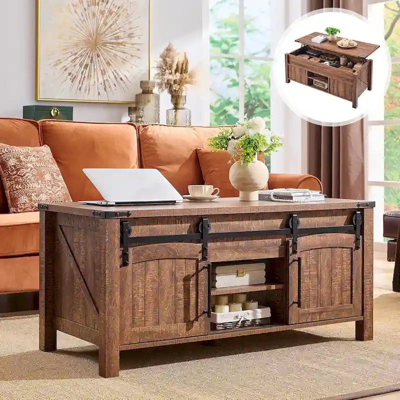 Couchtisch im Landhausstil mit anhebbarer Tischplatte, rustikaler Holztisch