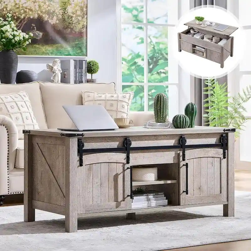 Couchtisch im Landhausstil mit anhebbarer Tischplatte, rustikaler Holztisch