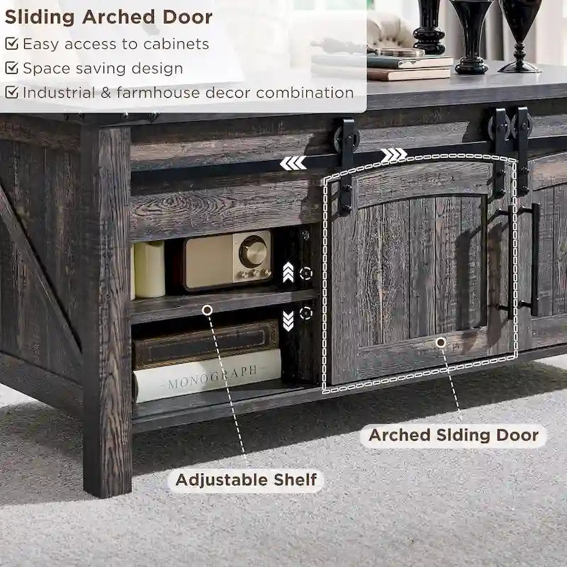 Couchtisch im Landhausstil mit anhebbarer Tischplatte, rustikaler Holztisch