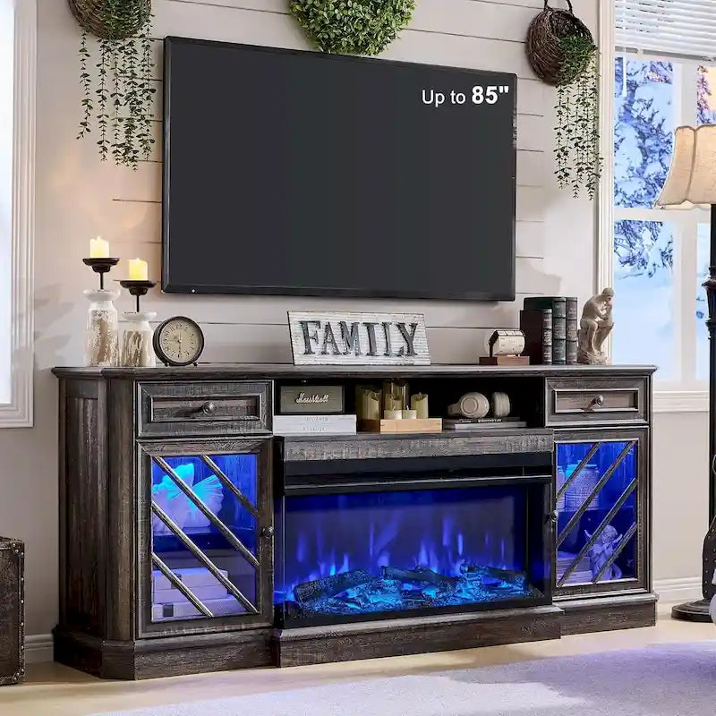 TV-Ständer im Landhausstil mit dreiseitigem Kamin, Entertainment-Center