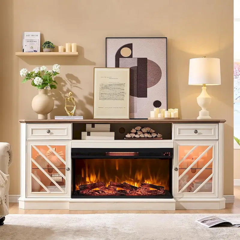 TV-Ständer im Landhausstil mit dreiseitigem Kamin, Entertainment-Center