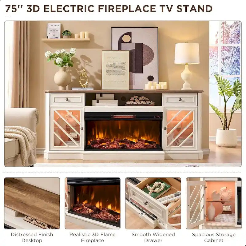 TV-Ständer im Landhausstil mit dreiseitigem Kamin, Entertainment-Center