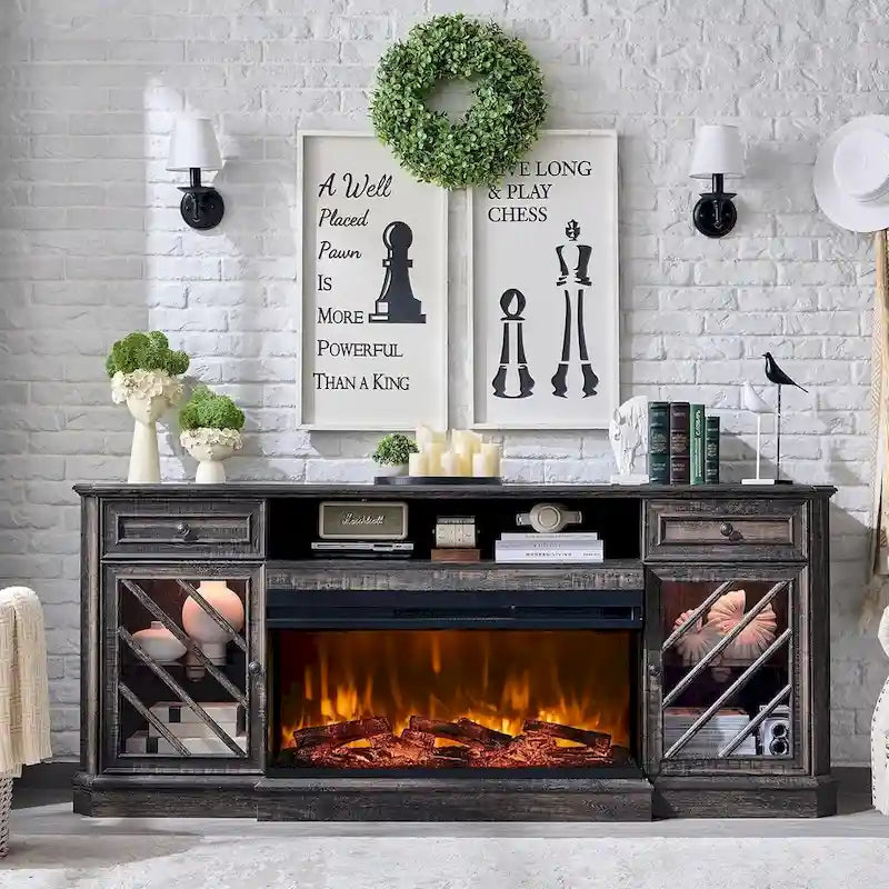 TV-Ständer im Landhausstil mit dreiseitigem Kamin, Entertainment-Center
