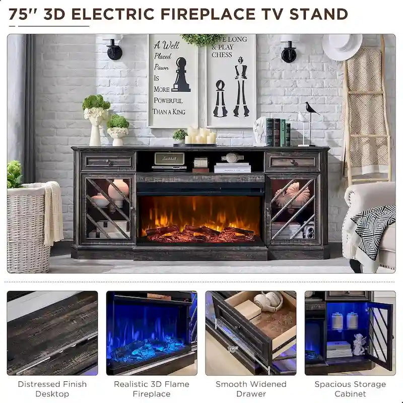 TV-Ständer im Landhausstil mit dreiseitigem Kamin, Entertainment-Center