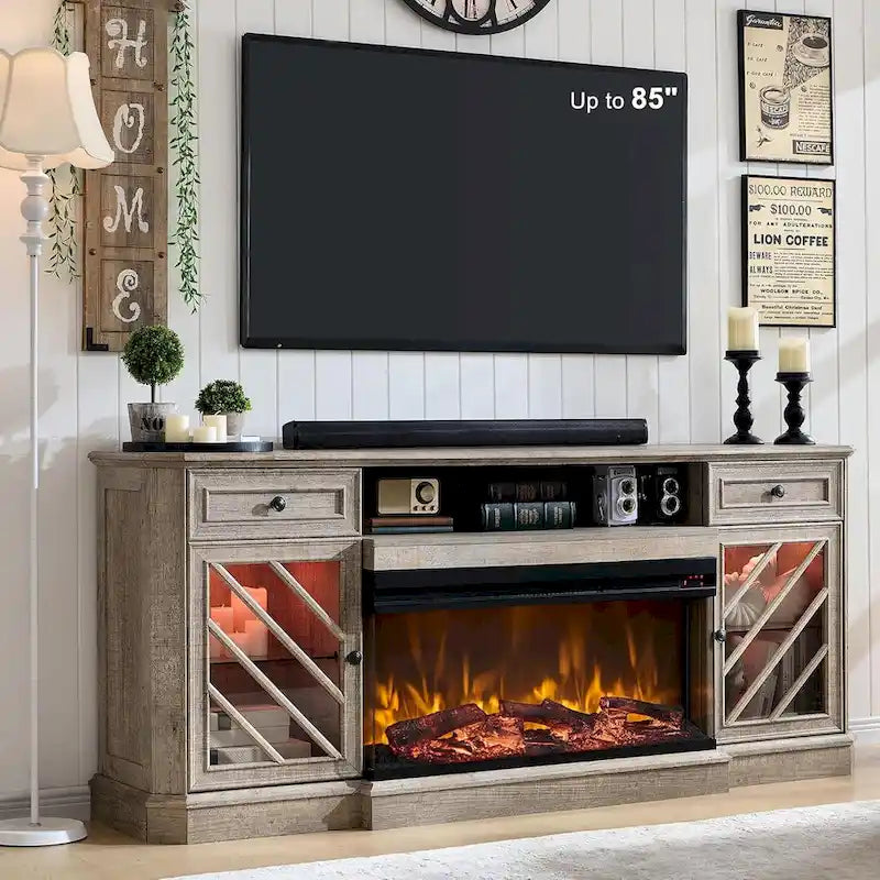 TV-Ständer im Landhausstil mit dreiseitigem Kamin, Entertainment-Center