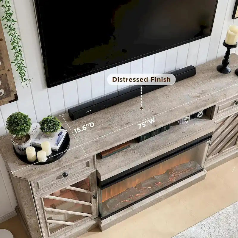 TV-Ständer im Landhausstil mit dreiseitigem Kamin, Entertainment-Center