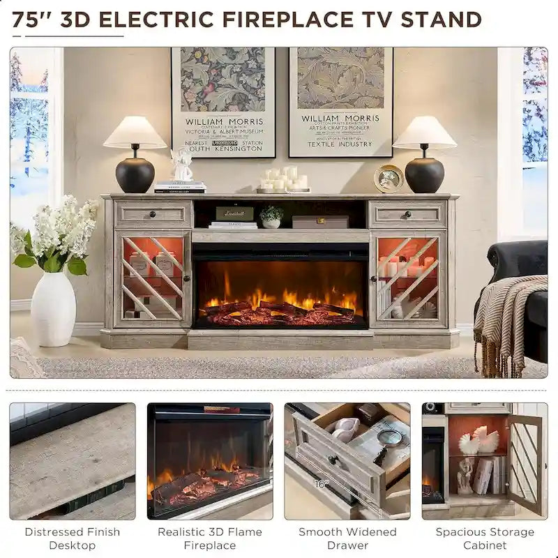 TV-Ständer im Landhausstil mit dreiseitigem Kamin, Entertainment-Center