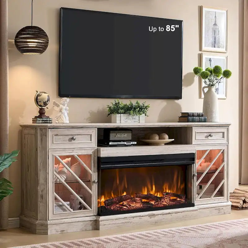 TV-Ständer im Landhausstil mit dreiseitigem Kamin, Entertainment-Center