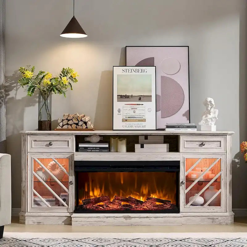 TV-Ständer im Landhausstil mit dreiseitigem Kamin, Entertainment-Center