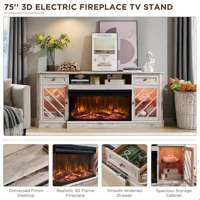 TV-Ständer im Landhausstil mit dreiseitigem Kamin, Entertainment-Center