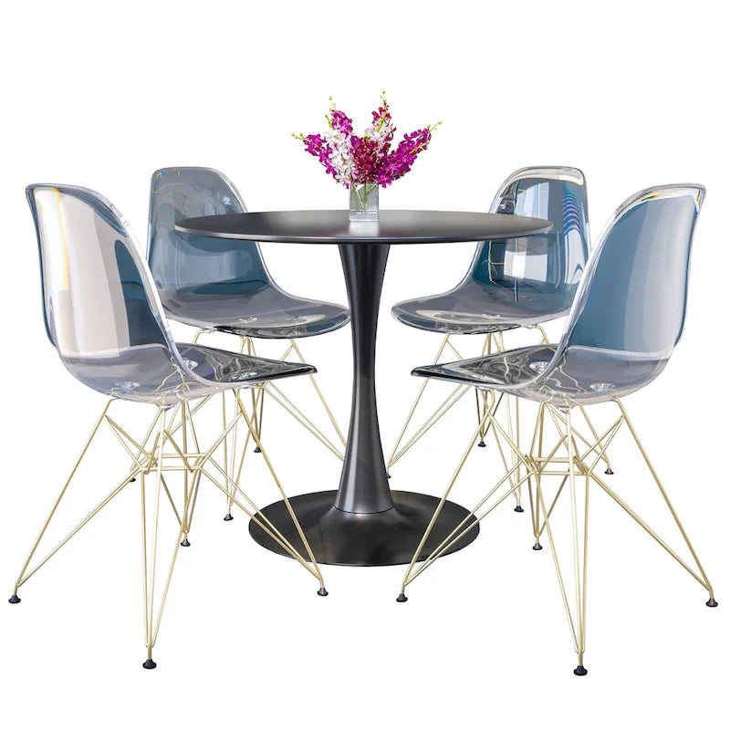 Ensemble de salle à manger de 5 pièces avec table ronde en MDF de 35 et 4 chaises d’appoint en plastique ABS avec pieds en métal doré