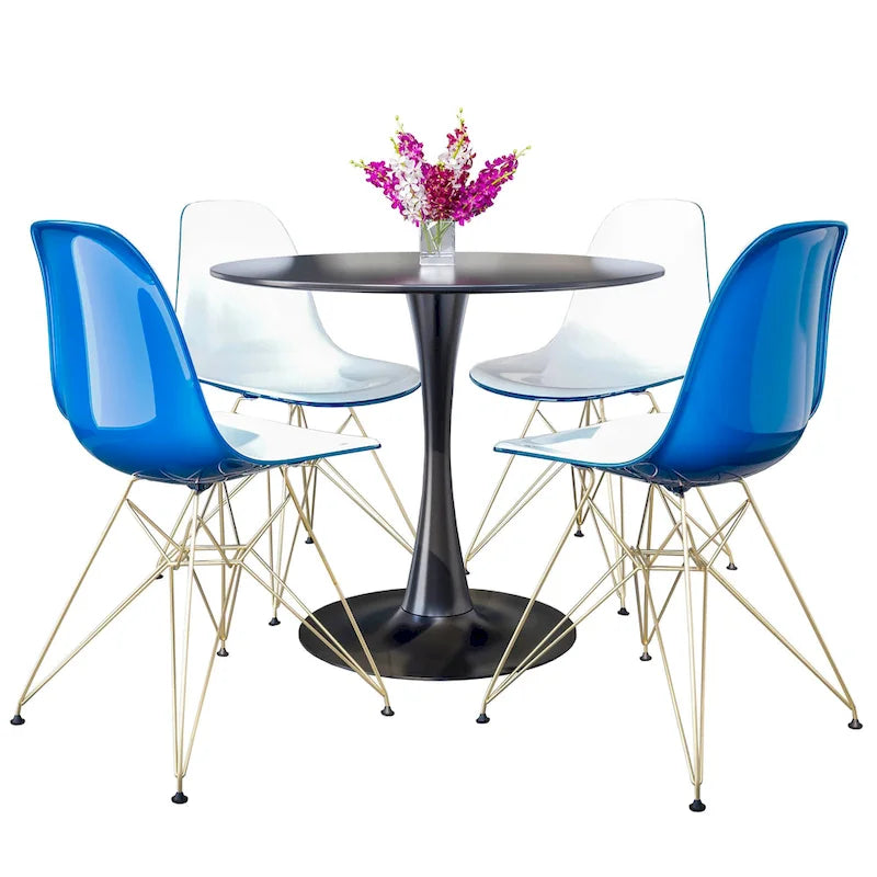 Ensemble de salle à manger de 5 pièces avec table ronde en MDF de 35 et 4 chaises d’appoint en plastique ABS avec pieds en métal doré