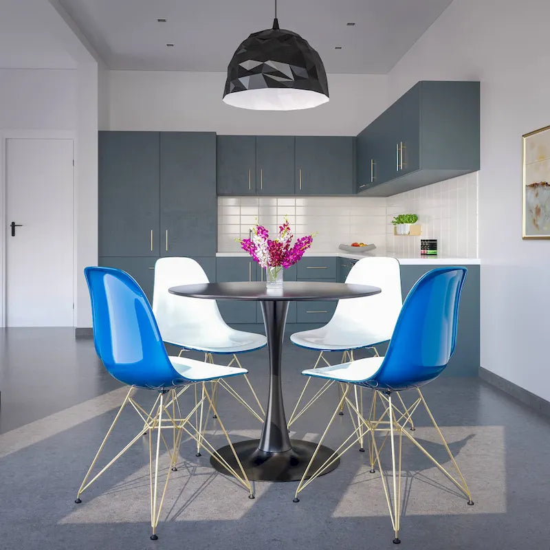 Ensemble de salle à manger de 5 pièces avec table ronde en MDF de 35 et 4 chaises d’appoint en plastique ABS avec pieds en métal doré