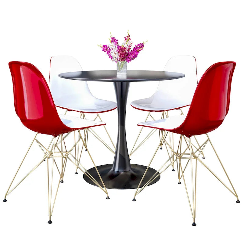 Ensemble de salle à manger de 5 pièces avec table ronde en MDF de 35 et 4 chaises d’appoint en plastique ABS avec pieds en métal doré
