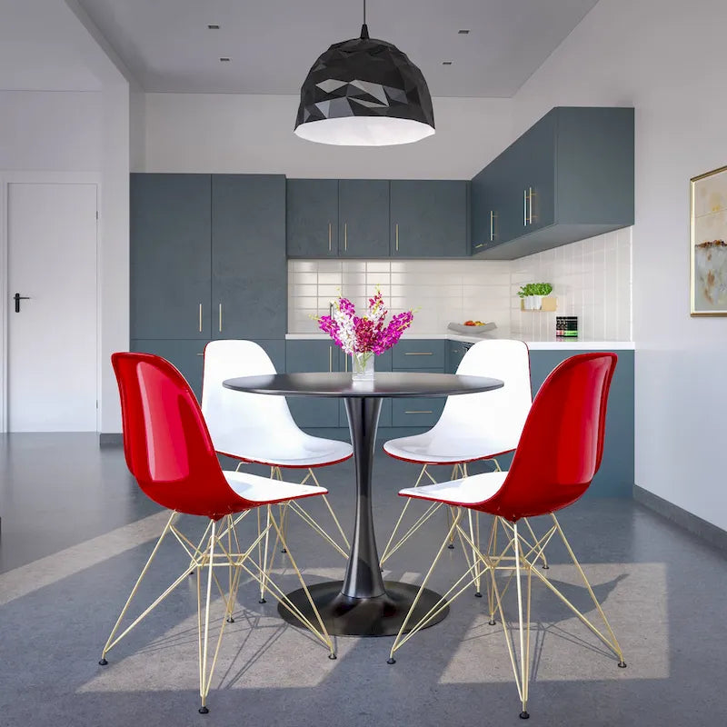 Ensemble de salle à manger de 5 pièces avec table ronde en MDF de 35 et 4 chaises d’appoint en plastique ABS avec pieds en métal doré