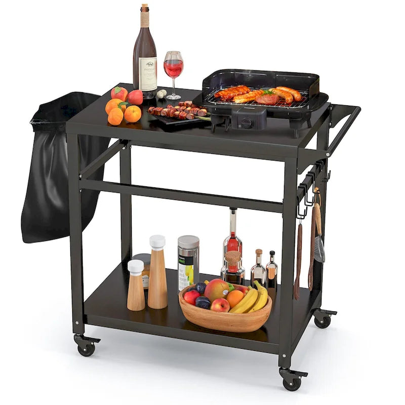 Chariot de barbecue extérieur Gymax avec support pour four à pizza, crochets d’étagère et fermeture verrouillable