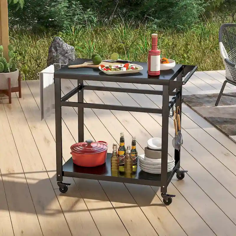 Chariot de barbecue extérieur Gymax avec support pour four à pizza, crochets d’étagère et fermeture verrouillable
