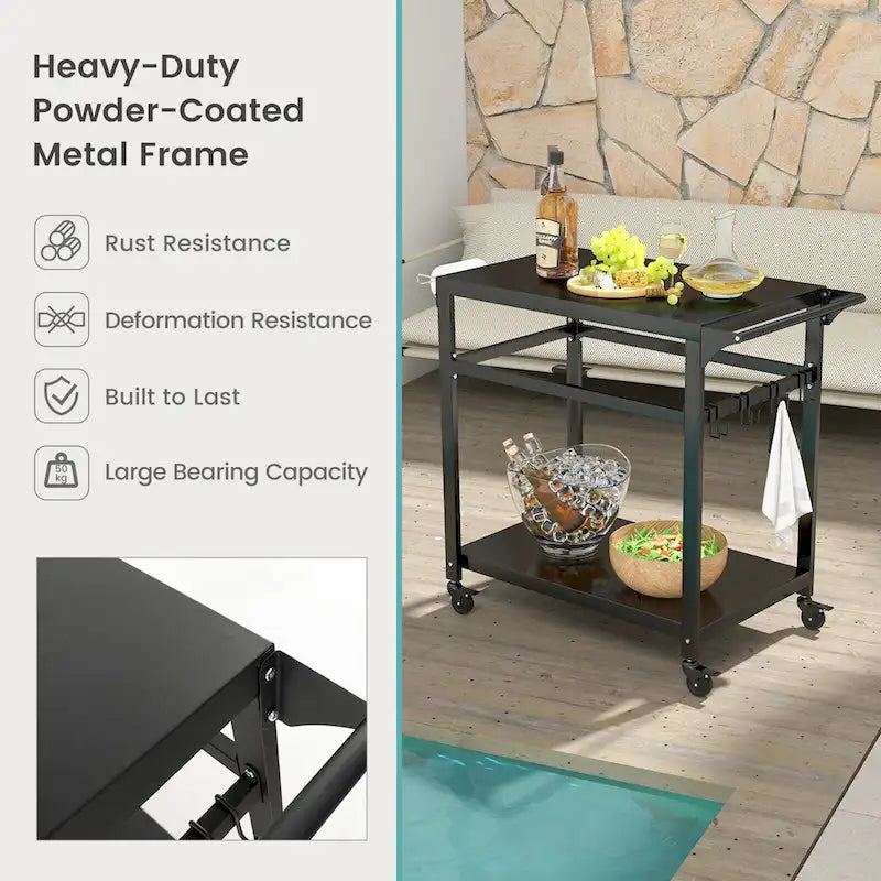 Chariot de barbecue extérieur Gymax avec support pour four à pizza, crochets d’étagère et fermeture verrouillable
